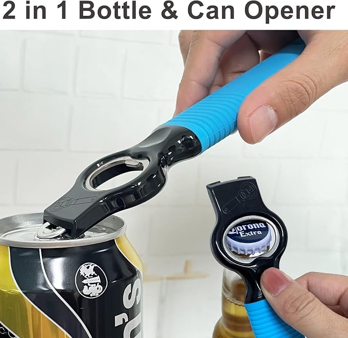 2-Pack Soda Can Opener and Beer Bottle Opener Bartender with Good Grip Silicone Handle, Pop Top Can Tab Opener for Long Nails, Bottle Opener for Arthritic Hand and Seniors, Gemstone Blue