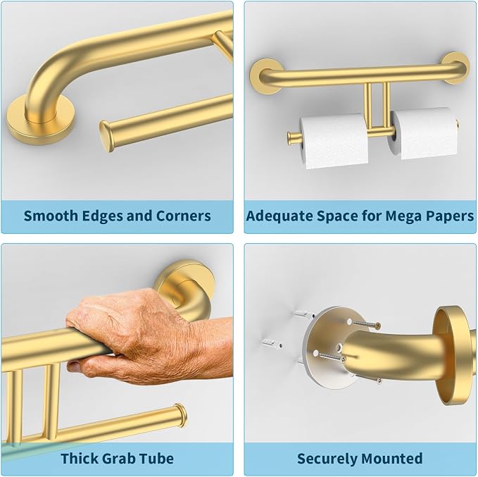 Brushed Gold Grab Bar w/Double Toilet Paper Holder, iHansee Stainless Steel Safety Grab Bar for Bathroom Toilet, Wall Mounted Shower Support Bar for Elderly, Handicap Toilet Tissue Holder