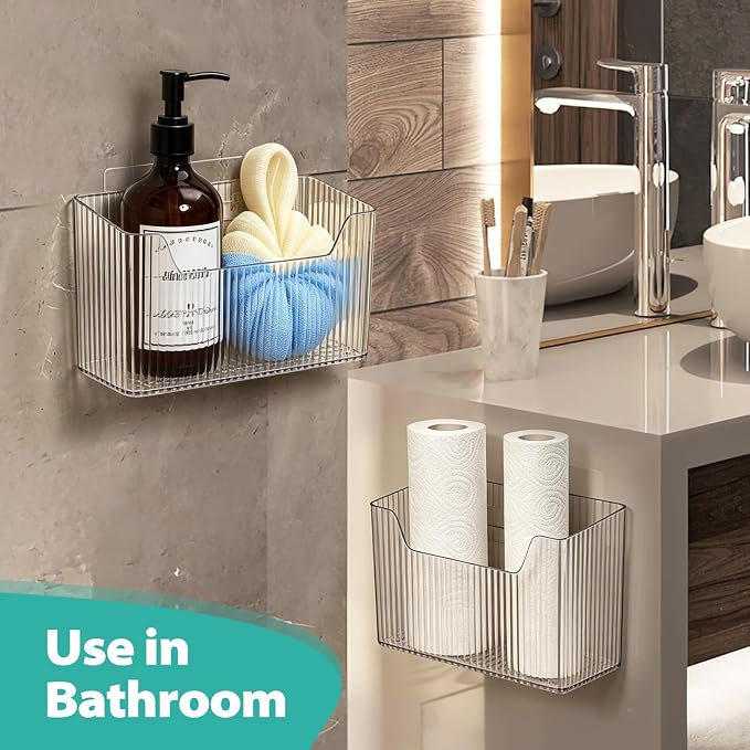 Sinnsally 2 Pack Cabinet Door Organizer,Self Adhesive Lid Organizer Inside Cabinet Storage Boxes,Stackable Hanging Basket Bins Wall Mounted Shower Caddy Holder for Kitchen,Bathroom,Pantry(Clear White)