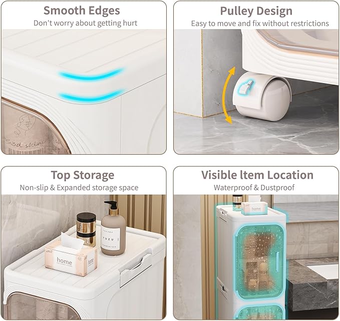 2-Tiers Slim Bathroom Storage Cabinet, Foldable Storage Cabinets,Narrow Bathroom Storage,Movable Bathroom Storage Organizer for Small Spaces,Bathroom,Kitchen,Laundry, Beige