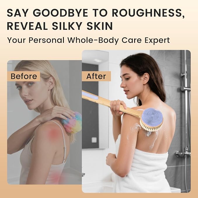 Back Scrubber for Shower - Double-Sided Silicone and Super-Dense Bristles for Deep Cleaning & Exfoliation, Bamboo Long Handle with Wider Anti-Slip Grip, Body Exfoliator for Wet or Dry Brushing