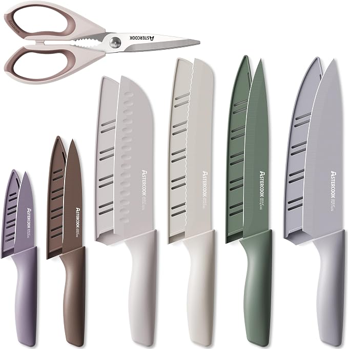 Astercook Knife Set, 13 Pieces Kitchen Knives Set with Healthy Anti-Rust Coating, Dishwasher Safe, Stainless Steel Chef Knife Sets with 6 Blade Guards, Fathers Day Gift for Men Morandi