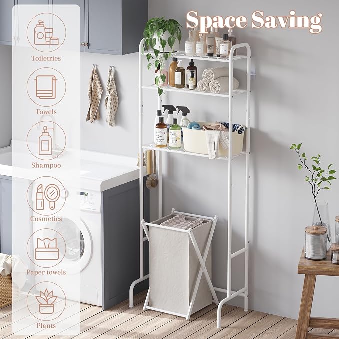 STDDRE 3-Tier Over The Toilet Storage Space Saver with Paper Holder Freestanding Rack Metal Bathroom Shelves with Hooks Above The Toilet Storage Shelf (White, 3 Tier)