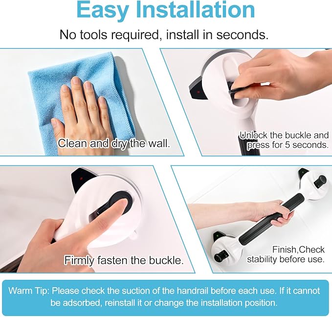 Suction Grab Bars for Shower Bathtub | 16.8 Inch Heavy Duty Safety Suction Shower Handles for Elderly Seniors, No Drill Removable Bathroom Mobility Handrails 2 Pack