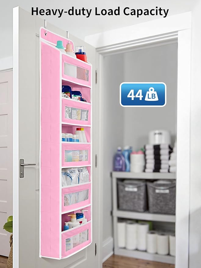 JARLINK 2 Pack Over The Door Organizer Storage, 5 Shelf Hanging Door Organizer with 5 Large Capacity Pockets, Anti Tilt 44 lb Load Behind Door Storage for Bedroom, Bathroom, Pantry, Nursery, (Pink)
