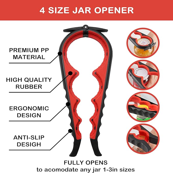 Jar Opener for Weak Hands, Seniors with Arthritis, 5 in 1 Multi Function Bottle Opener Lid Opener For Arthritic Hands with Non Slip Rubber Jar opener Gripper Pad and Corkscrew Wine Opener(RED)