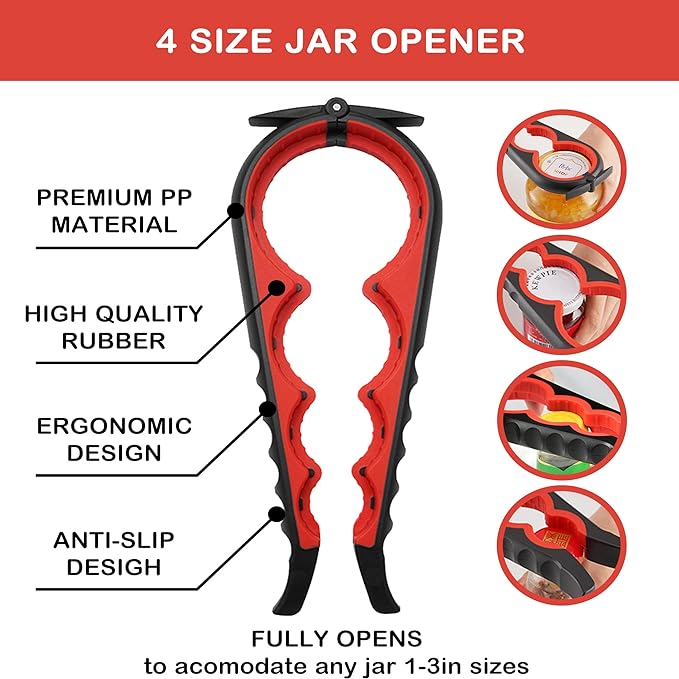 Jar Opener for Weak Hands, Easy Twist Jar Opener For Seniors with Arthritis, 5 in 1 Multi Function Bottle Opener Lid Opener For Arthritic Hands with Non Slip Rubber Jar Gripper Pad (Red)