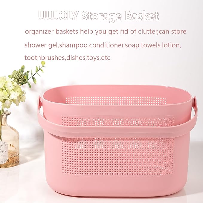 UUJOLY Plastic Storage Baskets with Handles, Shower Caddy Shelf Organizers Basket for Bathroom, Kitchen, Dorm Room, Pink