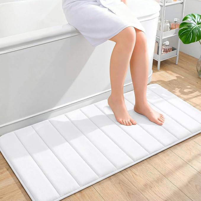 OLANLY Memory Foam Long Bathroom Rugs Runner 44x20, Super Soft Absorbent Bath Mat, Quick Dry, Machine Washable Shower Floor Rugs, Bathmat Carpet, Bathroom Home Decor Accessories, White