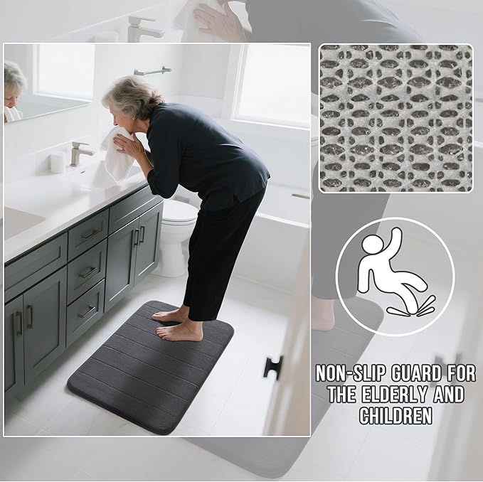 Yimobra 3 Pieces Memory Foam Bath Mat Set with U-Shaped Toilet Rug - Non Slip Super Soft Absorbent Quick Dry Bathroom Rugs for Bathtub, Vanity & Toilet Base, Dark Gray