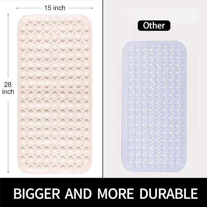 Bathtub and Shower Mats, 28 x 15 Inch Non-Slip Bath Mat, Machine Washable Bath Tub Mat with Suction Cups & Drain Holes for Bathroom, Beige