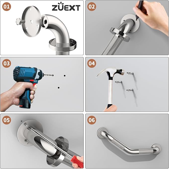 16 Inch Angled Grab Bar, ZUEXT Anti-Slip Shower Grab Bar Handles w/Knurled Texture Grip, Chrome Stainless Steel Bathroom Balance Bar, Safety Hand Rail Support for Handicap Elderly Injury Senior