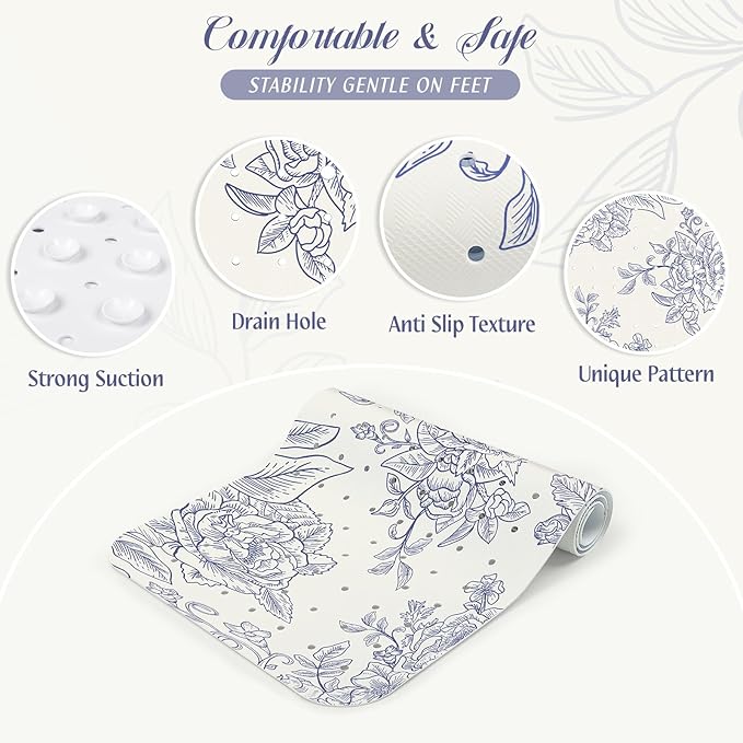 SHUCHING Vintage Blue Bath Mat for Tub Non Slip-40 X 16Inch, Flower and Bird Bathtub Mat Anti Slip for Women, Long Shower Mat for Bathroom Mold Free, Machine Washable