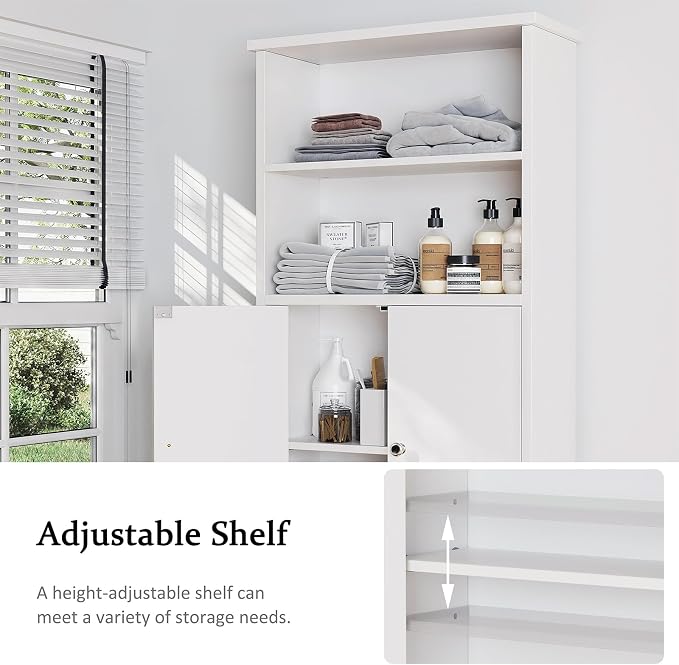 Over the Toilet Storage Cabinet for Bathroom, Extra Tall Over Toilet Storage, Space Saver W/Adjustable Shelf & Open Storage Shelf, 75in, White