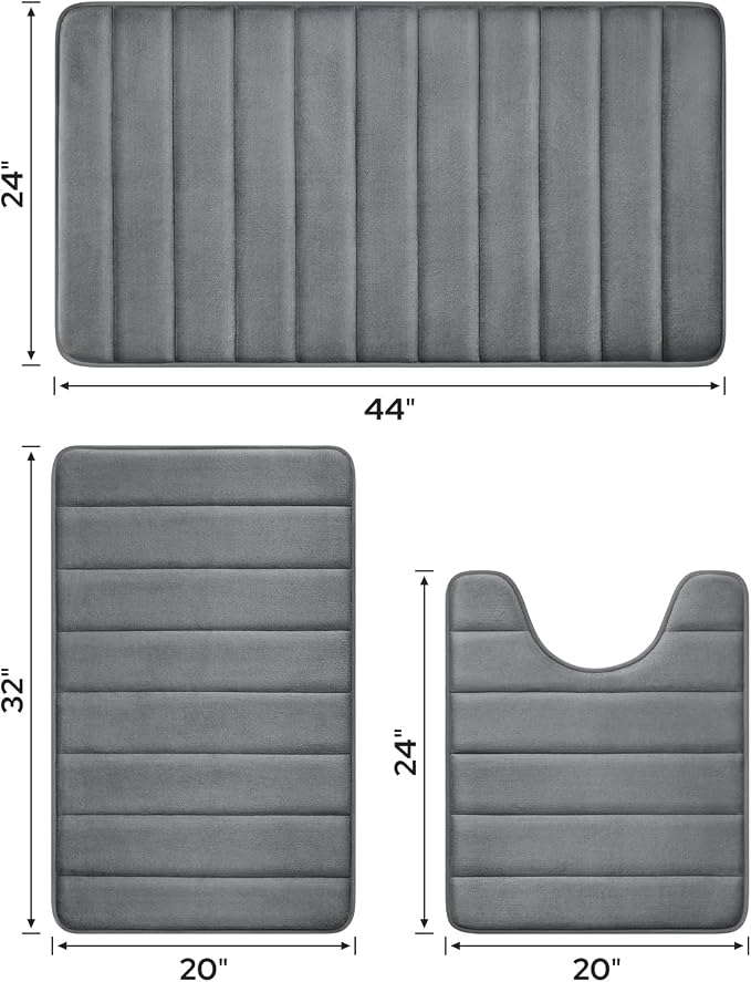 BYSURE Dark Grey Memory Foam Bath Mats, Non Slip Extra Soft Absorbent Machine WashableToilet Bathroom Rug Set 3 Piece (20"x32"+24"x44"+U Shape 20"x24")