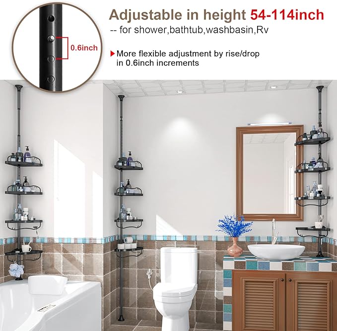 Corner Shower Caddy Tension Pole - Heavy Duty Floor to Ceiling Shower Organizer Tension Pole with 4 Shelves,54"-114” Adjustable Rustproof Stand Rack for Bathtub,Bathroom,Dorm,RV - Black