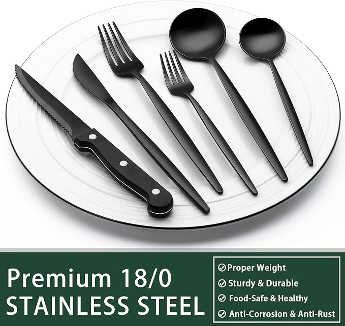 EWFEN 24-Piece Black Silverware Set with Steak Knives, Black Flatware Set for 4, Food-Grade Stainless Steel Tableware Cutlery Set, Mirror Finished Utensil Sets for Home Restaurant, Long Edge