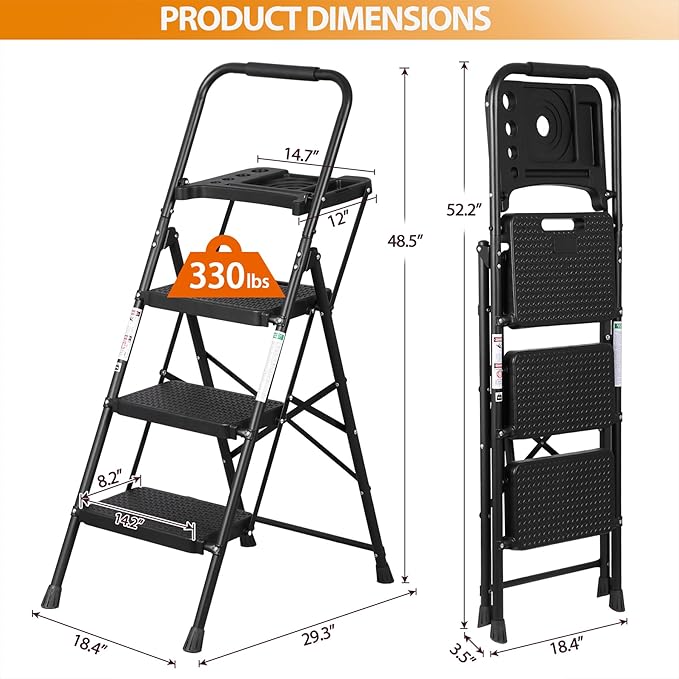 ZENY 3 Step Ladder, Folding Step Stool for Adults, Portable Steel Ladder with Tool Platform, Wide Anti-Slip Pedal, Safety Locking, Lightweight (Black)