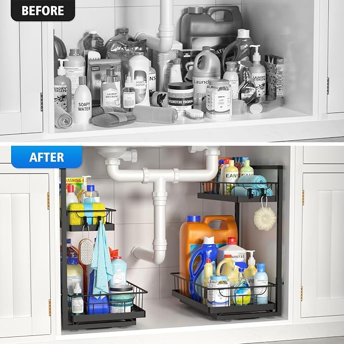 WOWBOX Under Sink Organizer 2 Pack, 2-Tier Cabinet Organizer for Kitchen, Bathroom, Slide Out Drawer Under Sink Organizers and Storage, Metal Organizing Rack for Pantry, Cabinet, Closet