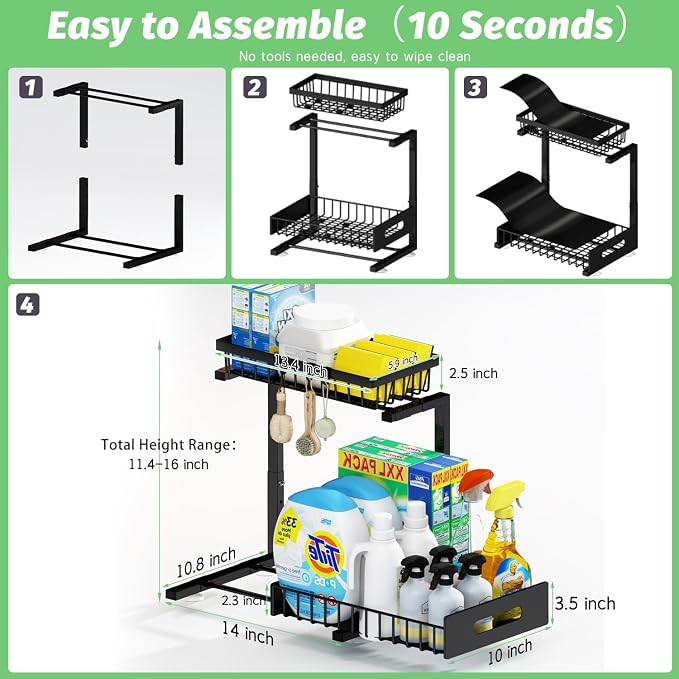 Adoymiro Under Sink Organizer, Adjustable Shelves, 2 Pack Pull Out Cabinet Organizer Slide Out Sink Shelf Cabinet Storage Shelves, Under Sink Storage for Kitchen Bathroom Cabinet