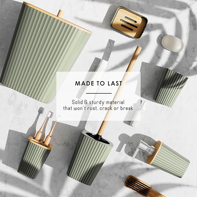 Clara Clark Bathroom Accessories Set - Bathroom Set, Bathroom Accessory Set, Shower Curtain Set, Toilet Brush, Trash Can & Soap Dispenser - Sage Green - 20PC