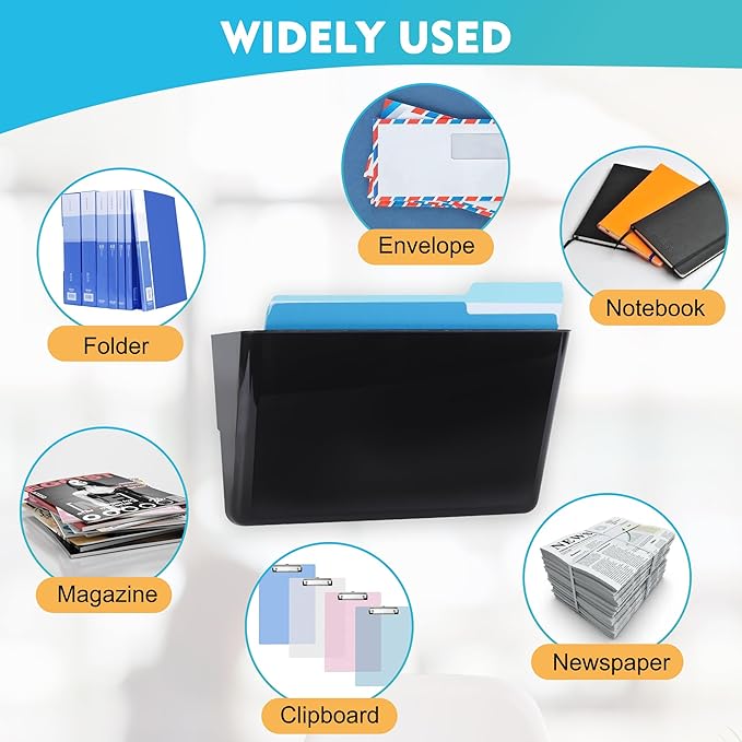 EASEPRES 3 Pack Black Plastic Single Pocket Hanging File Organizer, Wall Mount Paper Mails Magazines Holder, Mounted Folder Bins for Office School and Home, 12.99x4.13x7.48 inches