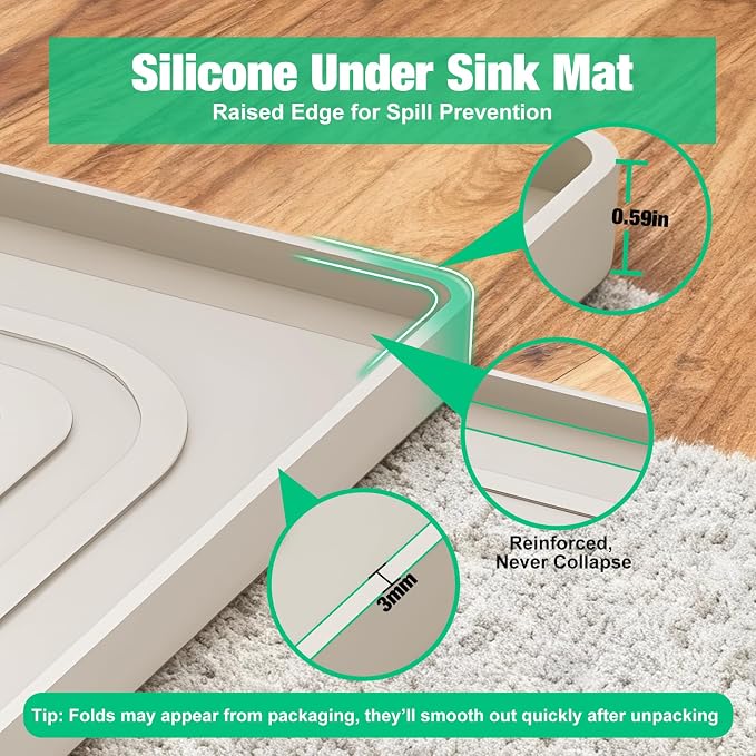 Aisslro Under Sink Mat 34" X 22", Waterproof Silicone Cabinet Organizer Protector with Raised Edge, Kitchen & Bathroom Leak Tray, Shelf Liner & Pet Feeding Mat for Dog Cat Food Mats, Beige