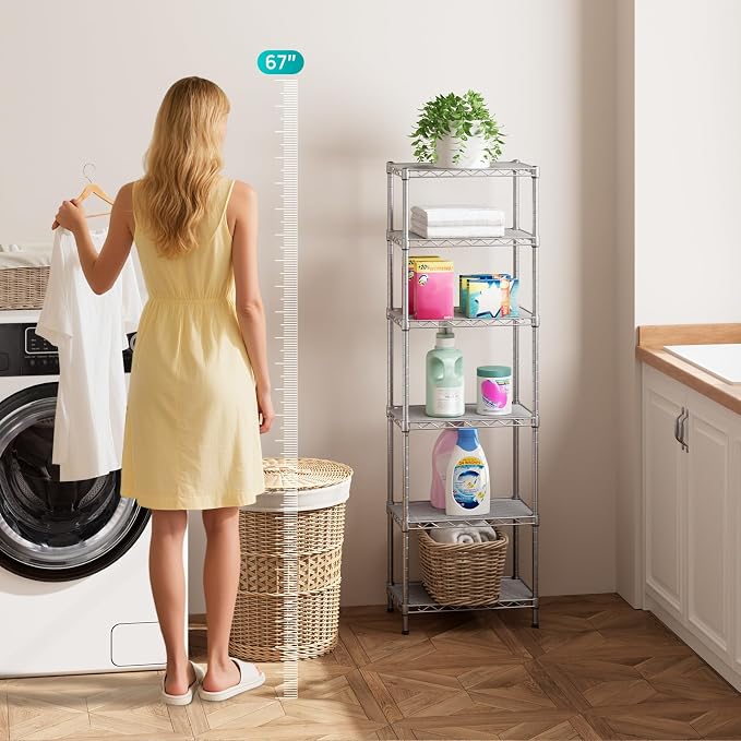 SINGAYE 6 Tier Shelf Wire Shelving Adjustable Storage Shelves Rack Standing Units for Kitchen Closet Laundry Bathroom Organizers Metal Pantry Narrow Mesh Gaps 10" D x 16" W x 60" H Gray