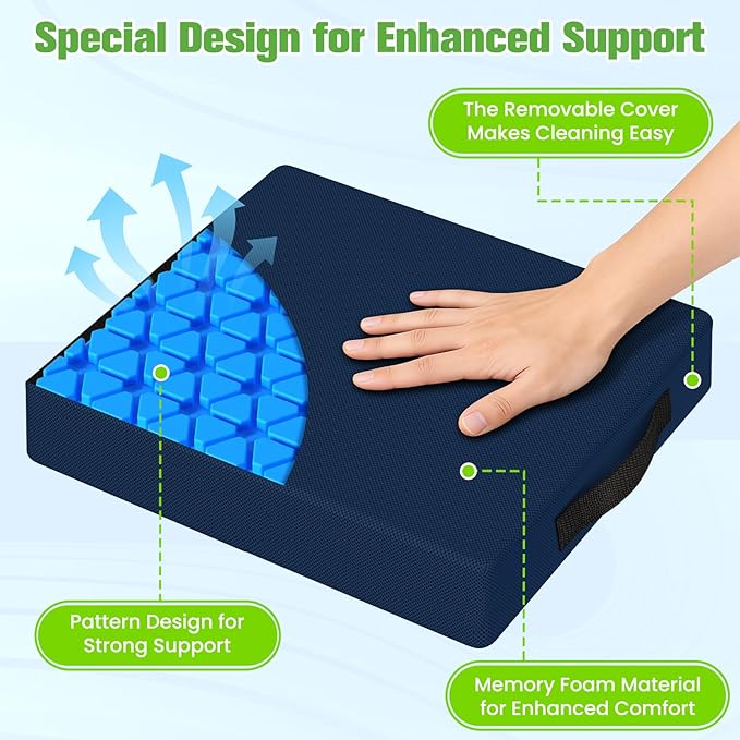 Seat Cushion for Office Chairs, Memory Foam Chair Cushion with Patterned Core for Even Support, Back, Tailbone & Sciatica Relief, Chair Pillow with Carry Handle for Car, Wheelchair (Blue)
