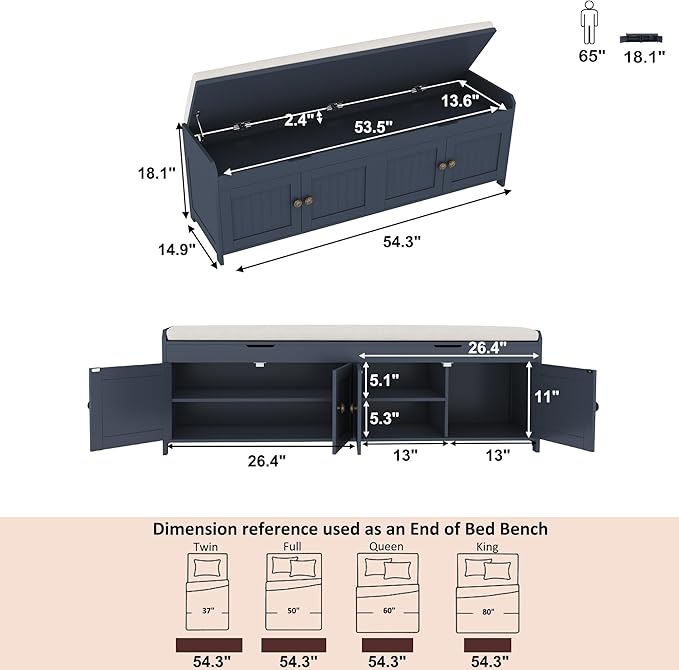 HOMEFORT 54.4" Shoe Bench with Lift Top Storage, Entryway Bench with Cushioned Seat, Wooden End of Bed Bench, Shoe Cabinet Bench with Hidden Storage Space, for Bedroom, Hallway,Blue
