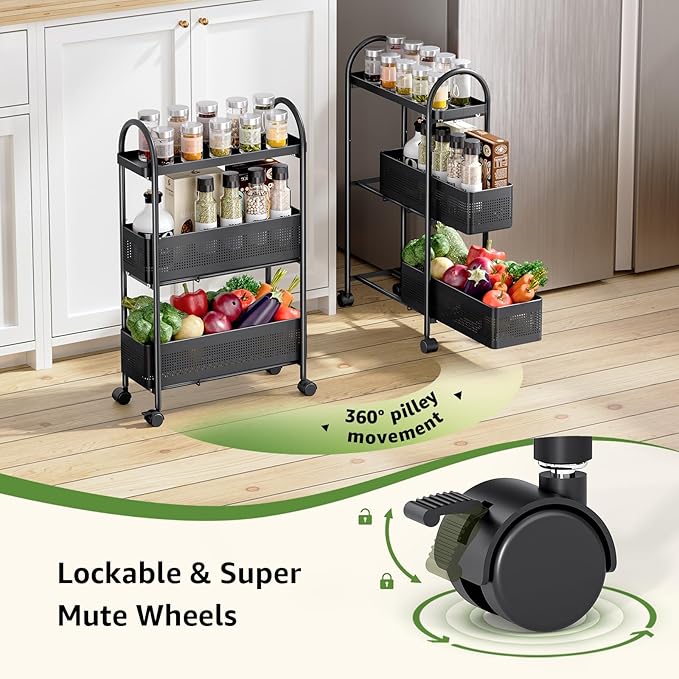 KINGRACK 3-Tier Slim Kitchen Storage Cart, Metal Utility Cart with Drawer, Rolling Trolley with Lockable Wheels, Easy Assembly Narrow Space Shelving for Kitchen Bathroom Laundry Room, Black