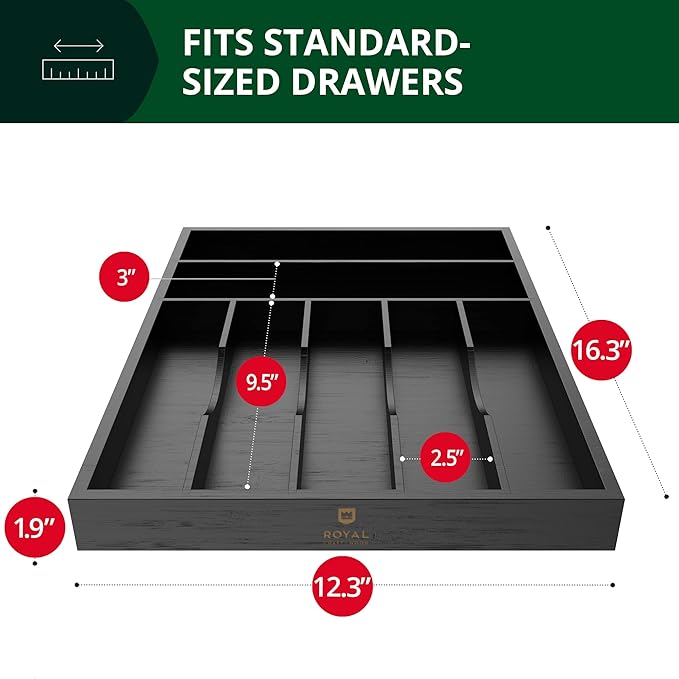 Luxury Bamboo Kitchen Drawer Organizer - Silverware Organizer - Utensil Holder and Cutlery Tray with Grooved Drawer Dividers for Flatware and Kitchen Utensils (7 Slot, Black)