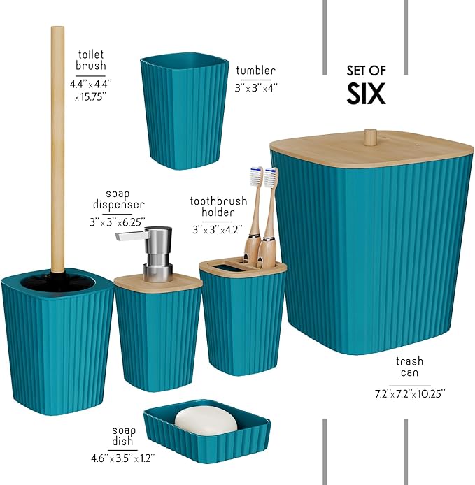 Clara Clark Bathroom Set - Teal Bathroom Accessories Set, 6PC Bathroom Accessory Set, Bathroom Sets with Toilet Brush, Trash Can & Soap Dispenser