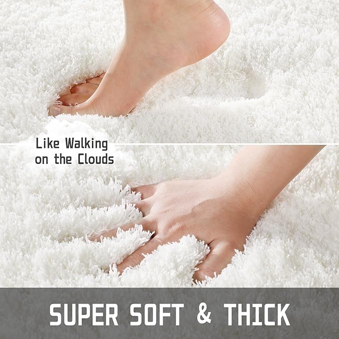 Yimobra Fluffy Plush Bath Rug, Super Shaggy Soft Comfortable Non Slip, Water Absorbent Microfiber Bath Mat, Dries Quickly, Machine Washable Thick Bathroom Rugs for Shower, 70" X 24", Off White