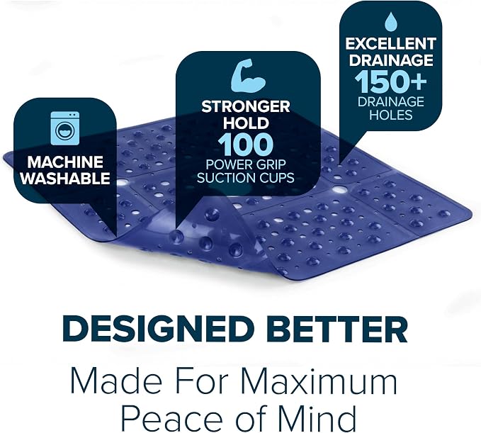 SlipX Solutions 27" Oversize Square Shower Mat, Non-Slip Mat for Elderly & Kids, 100+ Power Grip Suction Cups for Smooth Surfaces, Machine Washable, Navy