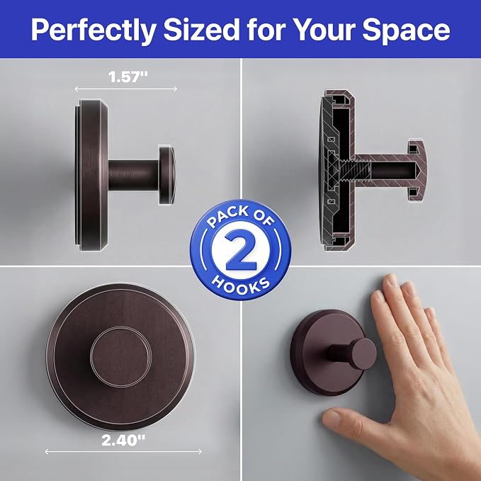 HOME SO Suction Cup Hooks for Shower & Bathroom Towel Holder 2-Pack – Suction Cups Hooks for Hanging Towels, Robes, & Coats - Tiles, Glass Door or Mirror – Shower Hooks & Towel Hooks Organizer -Bronze