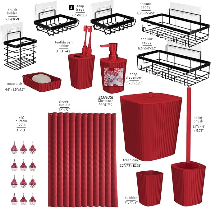 Clara Clark Bathroom Set - Christmas Bathroom Accessories Set, 24PC Bathroom Accessory Set, Christmas Bathroom Sets with Adhesive Corner Shower Caddy Hanging, Toilet Brush, Trash Can & Soap Dispenser