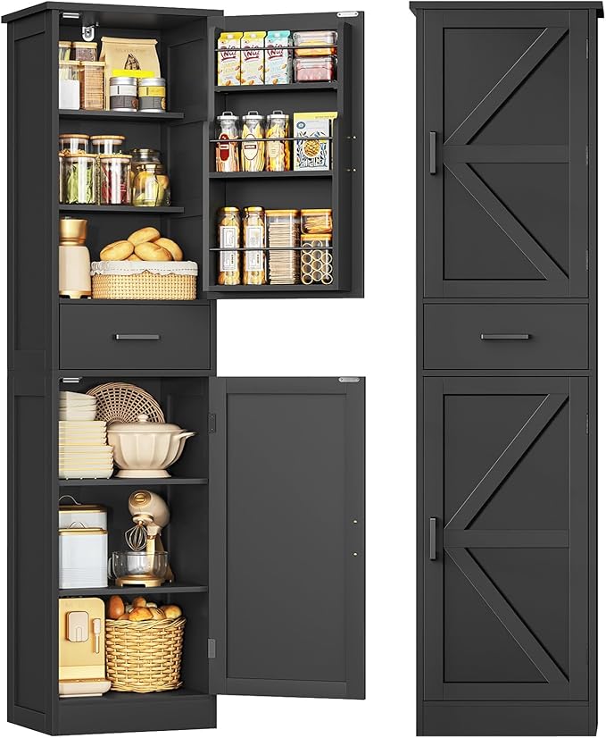 TEENFON Tall Storage Cabinet with 3 Door Shelves & 1 Drawer, Narrow Kitchen Pantry Cabinet for Living Room, Bathroom, Entryway, Black