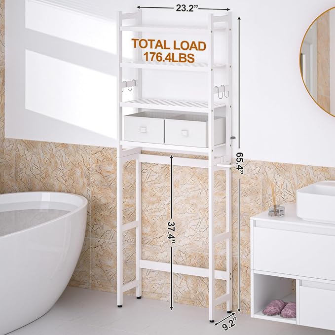 Cozivolife Over The Toilet Storage: 4-Tier Bamboo Organizer Rack with 2 Baskets & Paper Holder & 4 Hooks & Waterproof Feet Pad, Adjustable Freestanding Shelf for Bathroom (White)