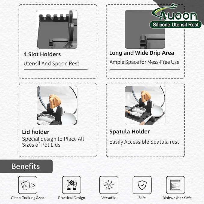 Auoon Silicone Spoon Rest with Lid Holder - 3 in 1 Kitchen Utensil Rest for Soup Ladles, Pot Lids, Spatulas, Spoons, Tongs, BPA Free & Dishwasher Safe, 8.26 x 8.06 Inch (Gray, Large)