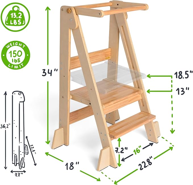 OCODILE Adjustable Foldable Toddler Tower – Folding Tower for Kids | Montessori Toddler Kitchen Step Stool Helper for Independence - Varnished
