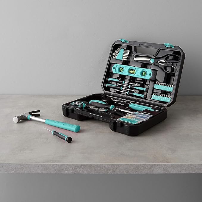 Amazon Basics 142-Piece Household Tool Kit for Home Repair, Hand Tools with Storage Case, 13.39 x 9.25 x 2.95 inch, Turquoise