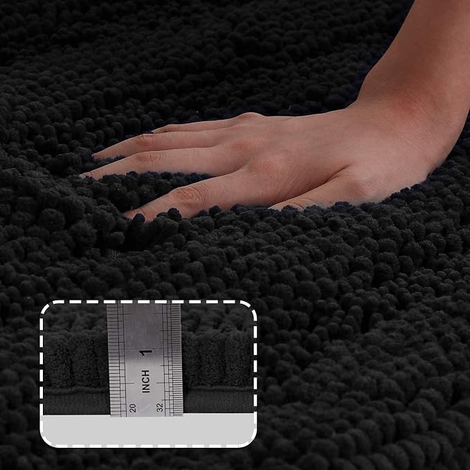 Turquoize Chenille Bathroom Rugs Set Non-Slip Bath Mats for Bathroom Super Absorbent Shaggy Rugs for Tub Shower Toilet Plush Bath Rug Plus U Shaped Rug (Oversized: 24" x 36" and 20" x 24" U), Black