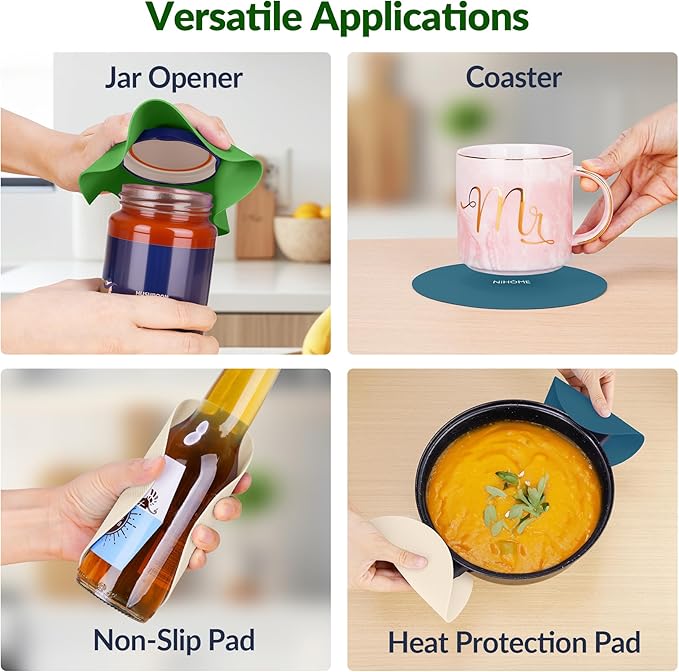 NIHOME Silicone Jar Opener – 6 Inch Large Anti-Slip Grip Pads, Premium 100% Food-Grade Silicone, Stylish Designer Colors, Multi-Purpose Heat-Resistant Mat & Coaster, Set of 4 (Forest Color Palette)