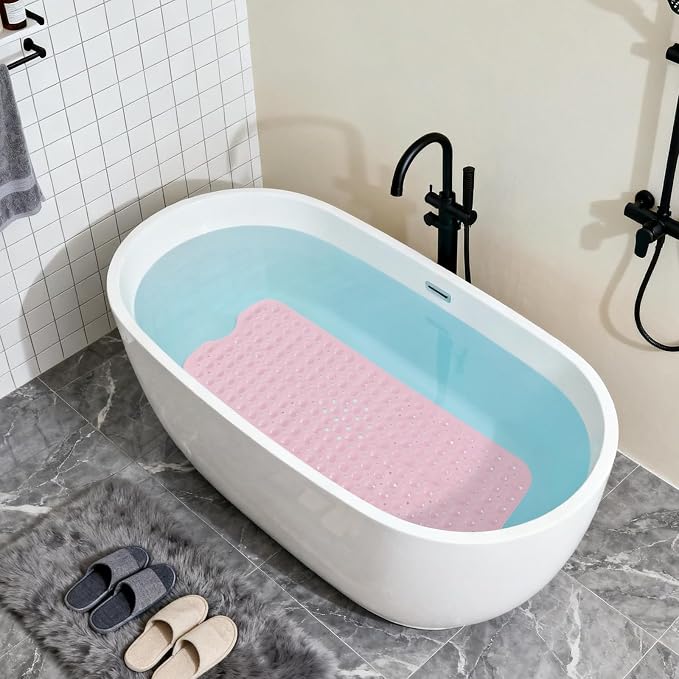Anti-Slip Bathtub Shower mat, 40×16 inch（ 100 × 40cm） Soft Oversized Machine Washable Non-Slip Bathtub mat with Drainage Holes, Bathroom Floor Suction Cup.（1-Opaque Pink）