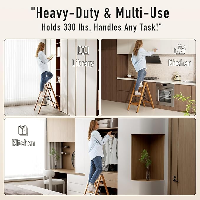 Mayi Plus 3 Step Ladder,Aluminum Folding Step Stool for Adults,Step Ladder with Wide Anti-Slip Pedal,330 lbs Capacity for Home,Office,Kitchen,Library(Woodgrain)