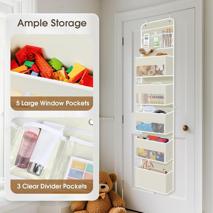 SpaceHacks 6-Tier Over The Door Organizer, Hanging Storage Organizer with Clear Window, 40lb Ultra Sturdy Large Capacity Room Organizer for Pantry Bathroom Nursery Closet Baby Essential (Beige)