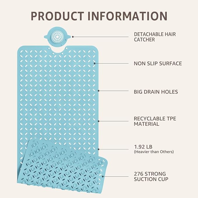 OTHWAY Bath Mat for Tub Non Slip: 39" X 17" Long Bathtub Mat with Hair Catcher│Big Drain Holes Shower Mats for Inside Shower│Machine Washable (Blue)
