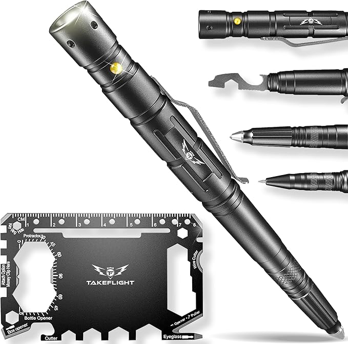 Tactical Pen – Self Defense Survival EDC Pen with LED Flashlight, Glass Breaker & Bottle Opener – Military Multitool Pen for Men & Women – Veteran-Owned TakeFlight – 2 Ink Refills + Extra Battery