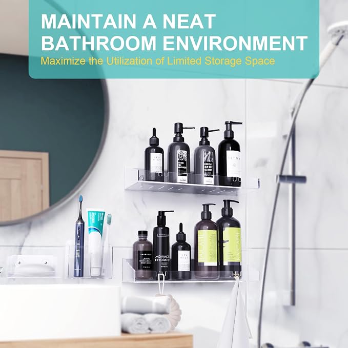 Bakzon Adhesive Shower Caddy, 5 Pack Acrylic Shower Shelves Bath Organizers With Large Capacity, No Drilling Shelves for Bathroom Storage